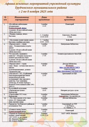 Афиша основных мероприятий учреждений культуры Трубчевского муниципального района с 2 по 8 ноября 2025 года