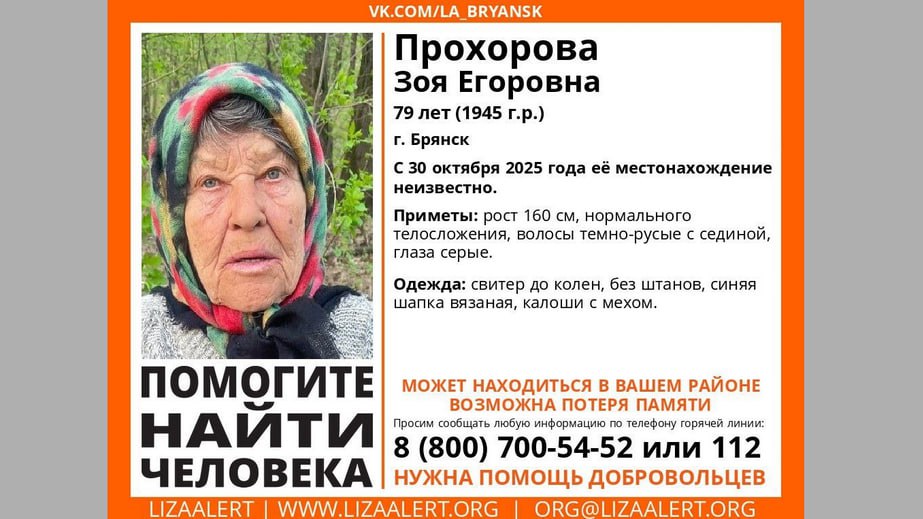 В Брянске ведутся поиски пропавшей 79-летней Зои Егоровны Прохоровой