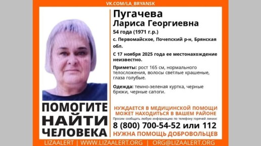 В Брянской области ведется поиск пропавшей Ларисы Георгиевны Пугачевой из села Первомайское Почепского района