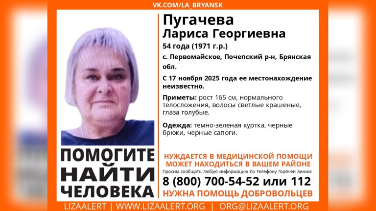 Пропавшую в Брянской области 54-летнюю Ларису Пугачеву нашли живой