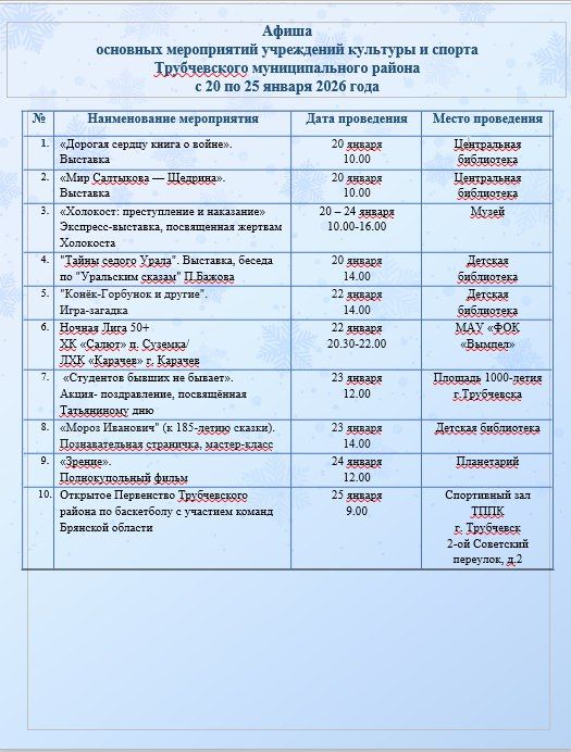 Афиша. основных мероприятий учреждений культуры и спорта