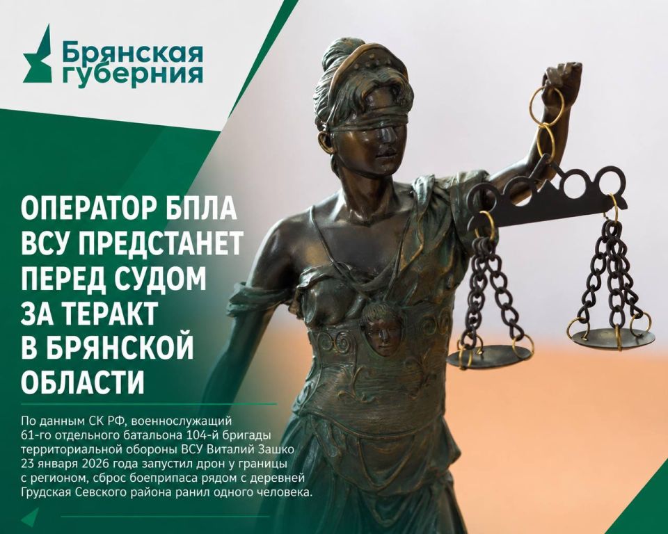 Обвиняемый в атаке дрона на Брянскую область украинский боевик Виталий Зашко предстанет перед судом