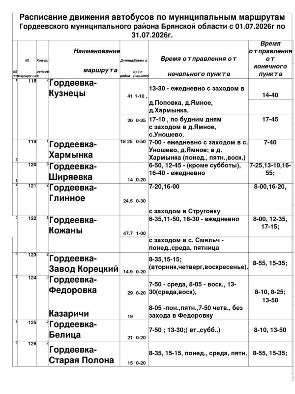 Расписане движения автобусов по муниципальным маршрутам Гордеевского муниципального района 1 июля по 31 июля 2026 года