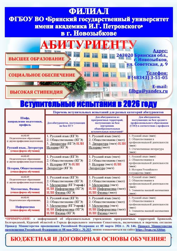 В филиале Брянского государственного университета в г. Новозыбкове имеются бюджетные места по специальностям: Русский язык, Литература (17 мест) и История, Обществознание (17 мест)