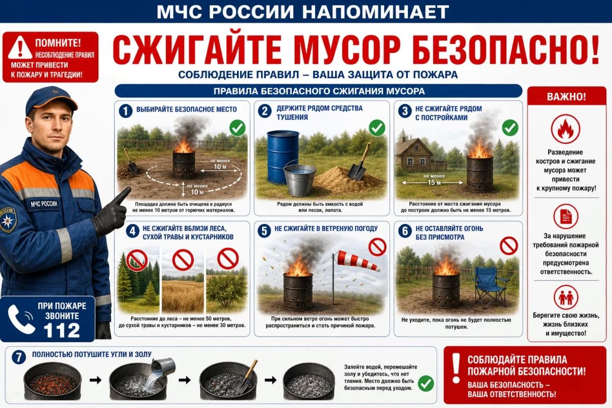 Сжигание мусора несёт серьёзные риски: огонь может быстро выйти изпод контроля, угрожать жизни людей, уничтожать имущество, наносить вред природе и создавать опасное задымление