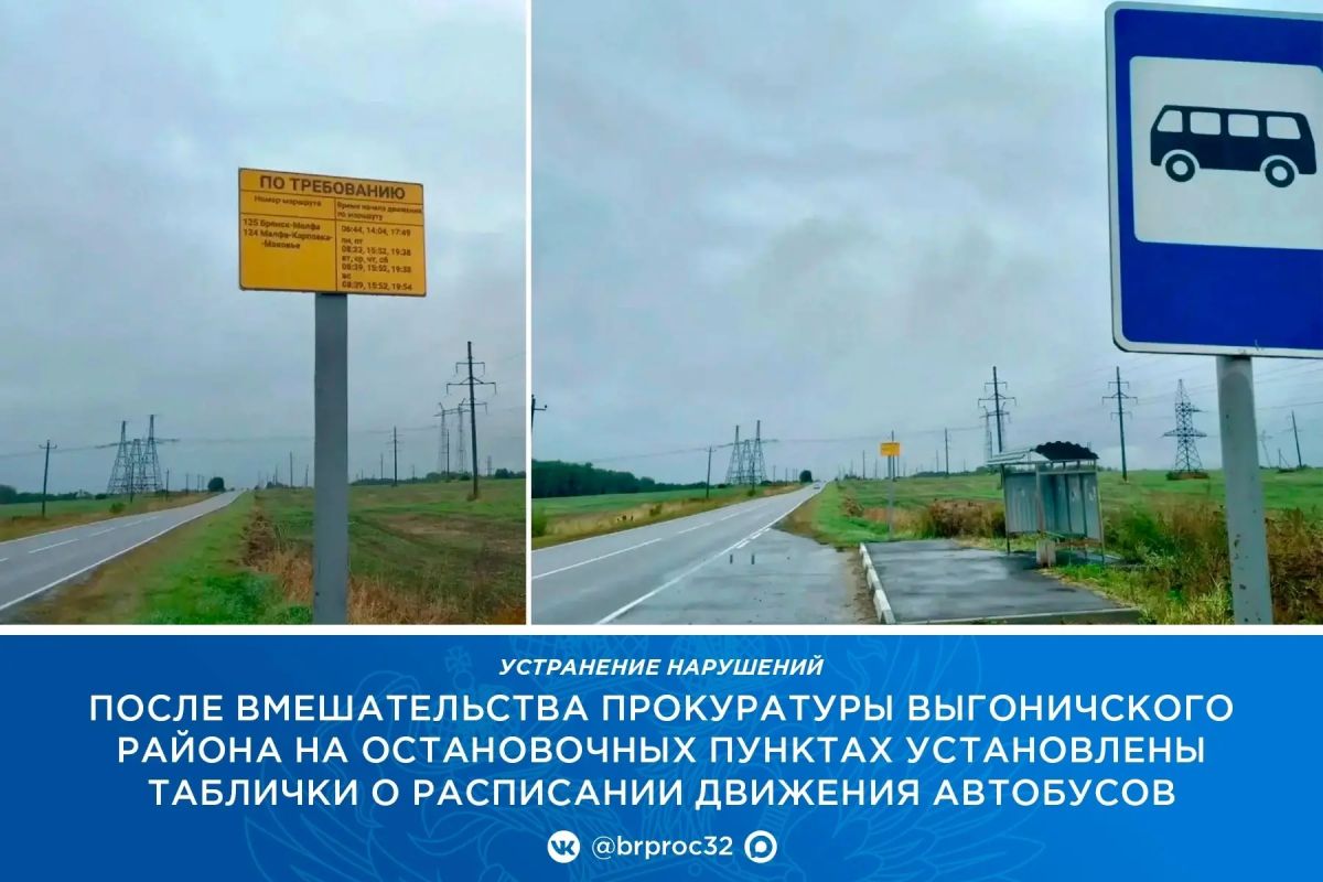 По маршруту регулярных перевозок «Малфа-Карповка-Маковье» в Выгоничском районе на отдельных остановочных пунктах отсутствовала информация о расписании движения автобусов, о виде регулярных перевозок пассажиров и багажа...