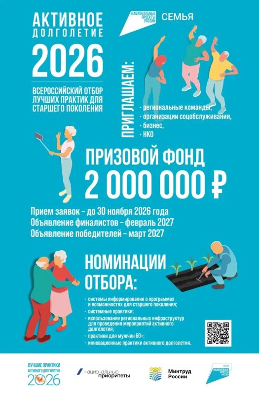 АНО «Национальные приоритеты» и Минтруд России объявляют старт седьмого Всероссийского отбора «Активное долголетие 2026» АНО «Национальные приоритеты» и Минтруд России объявляют старт седьмого Всероссийского отбора «Активное долголетие 2026»